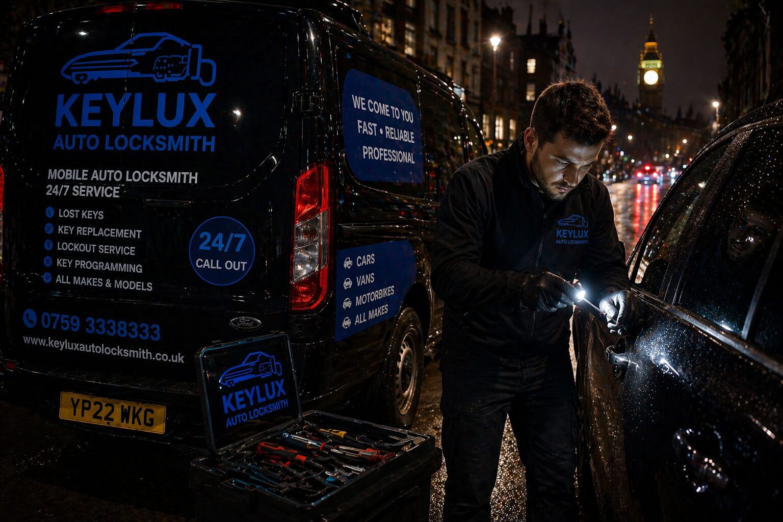 24 hour car locksmith emergency near me London – Keylux auto locksmith responding at night