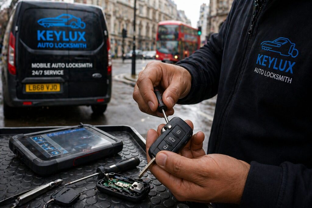 Fast car key repair service London – Keylux mobile auto locksmith repairing a car key fob on-site