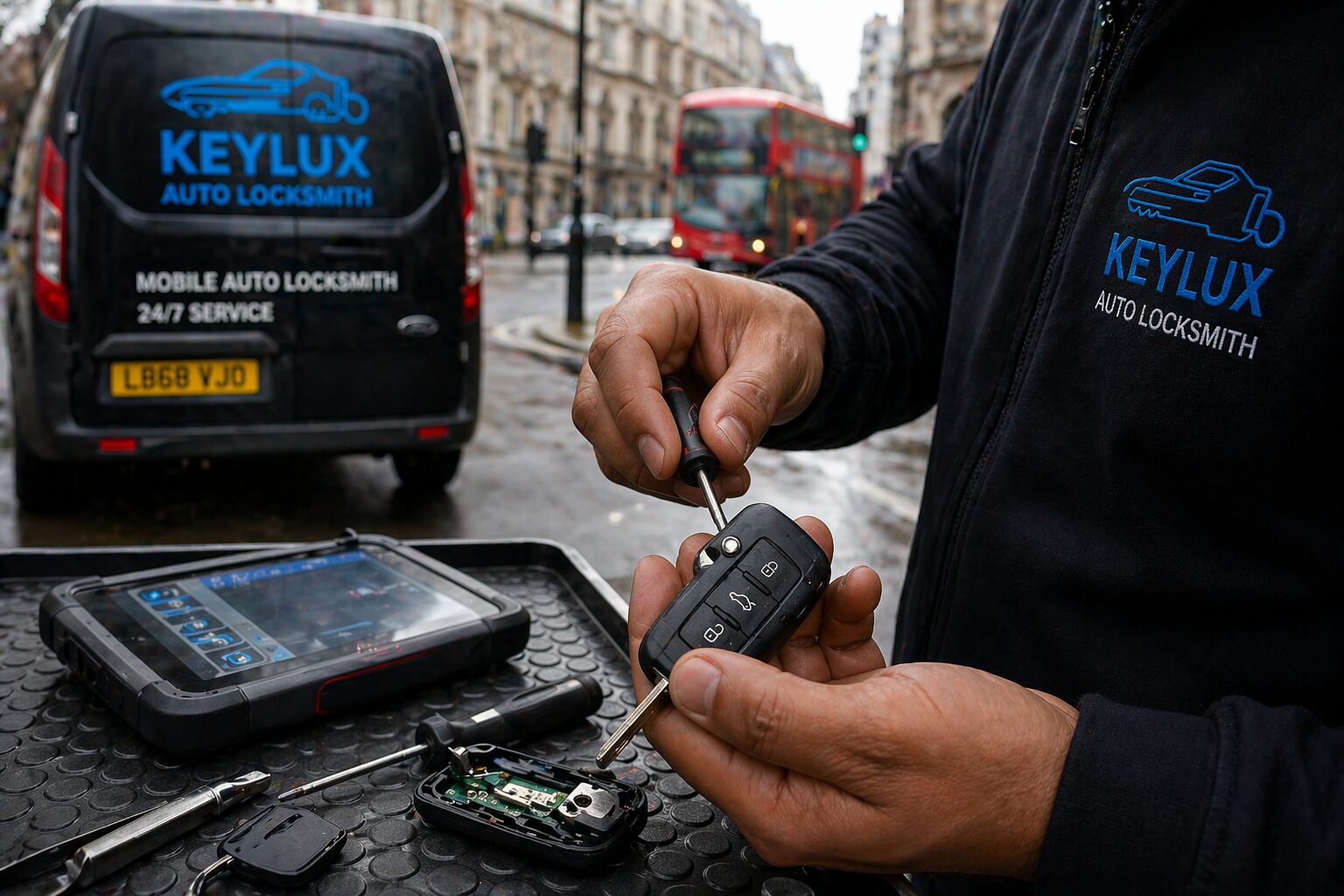 Fast car key repair service London – Keylux mobile auto locksmith repairing a car key fob on-site