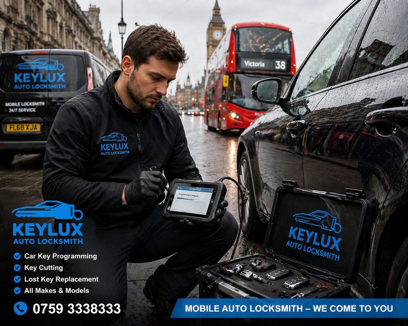 Same day auto locksmith service London technician programming a car key on-site