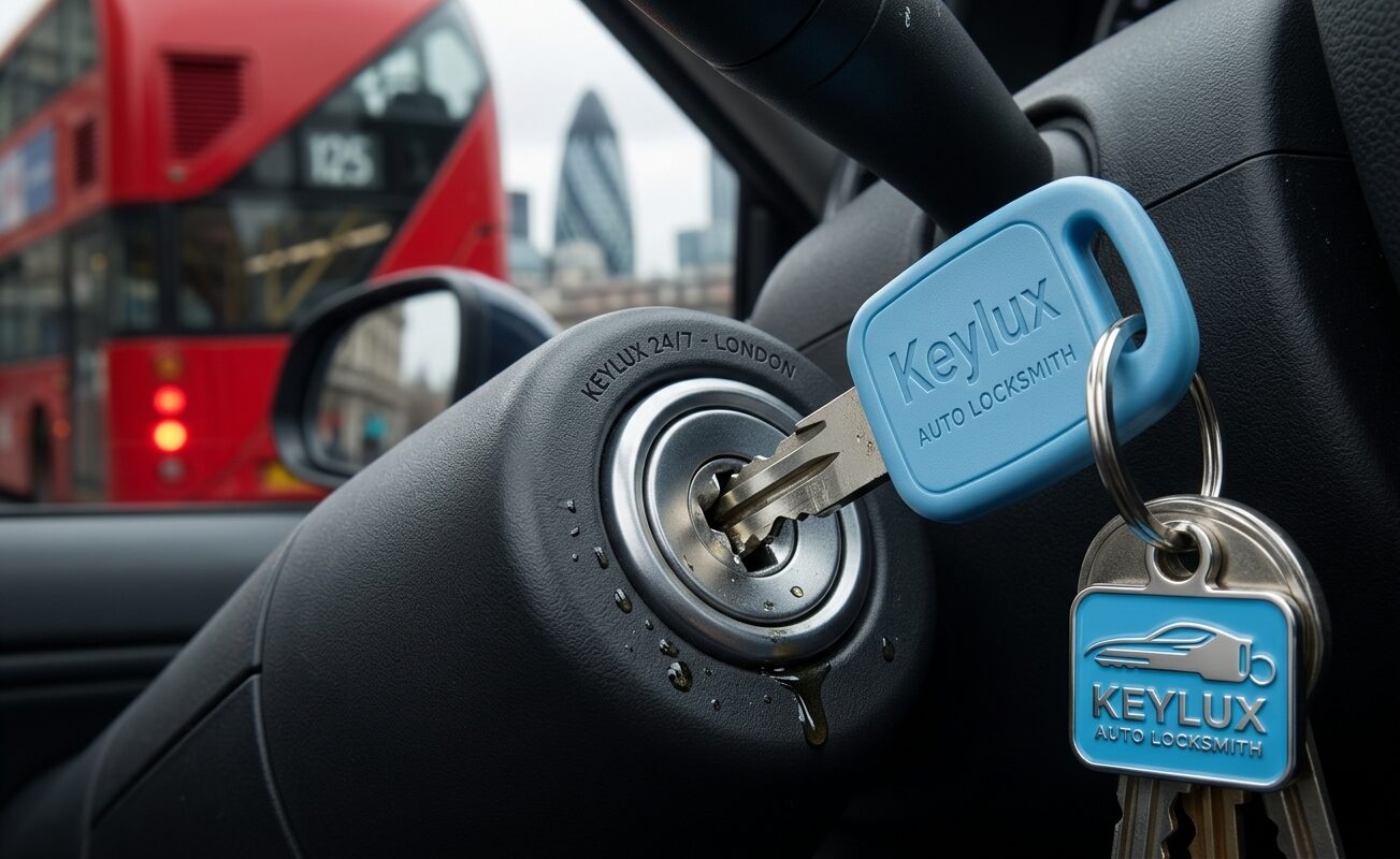 Broken car key in ignition London – Keylux auto locksmith extracting a snapped key from a car ignition on-site
