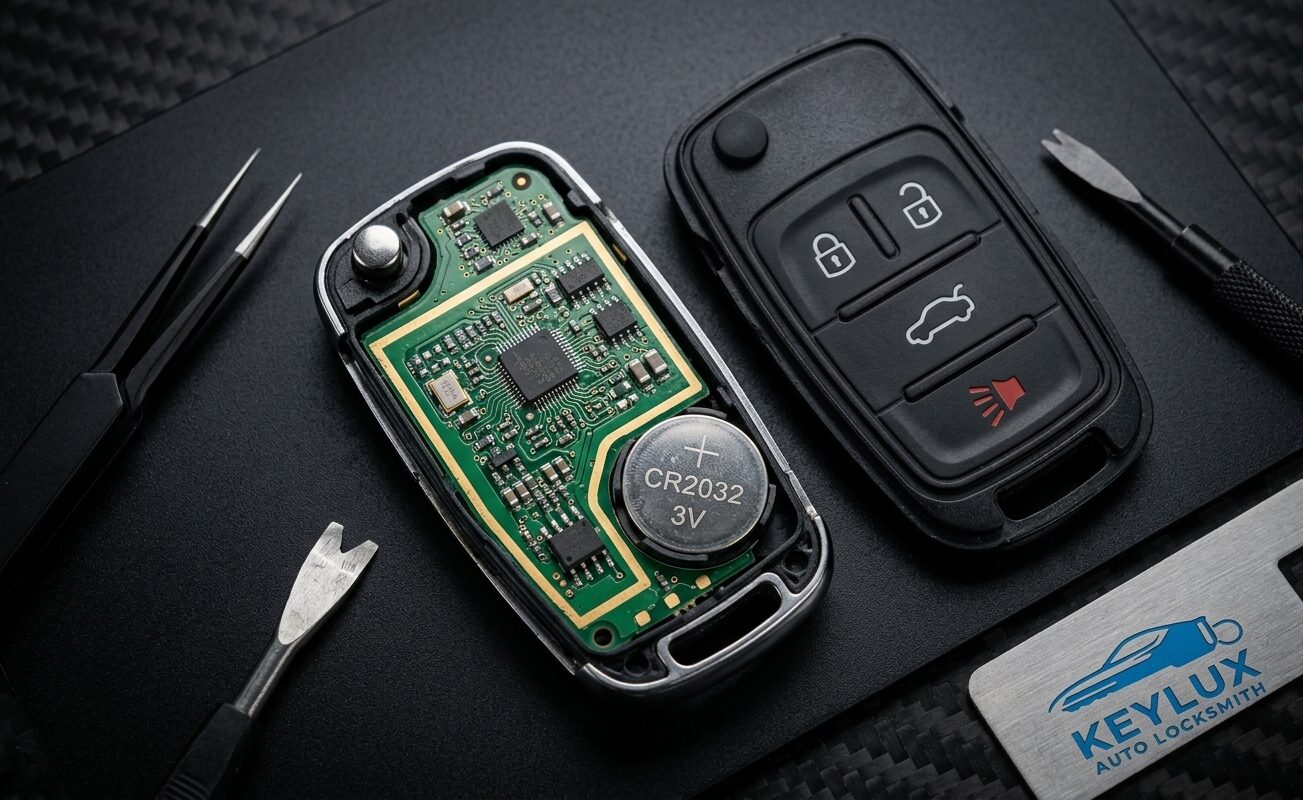 Car key fob not working London – Keylux auto locksmith diagnosing and repairing a faulty car key fob on-site in London