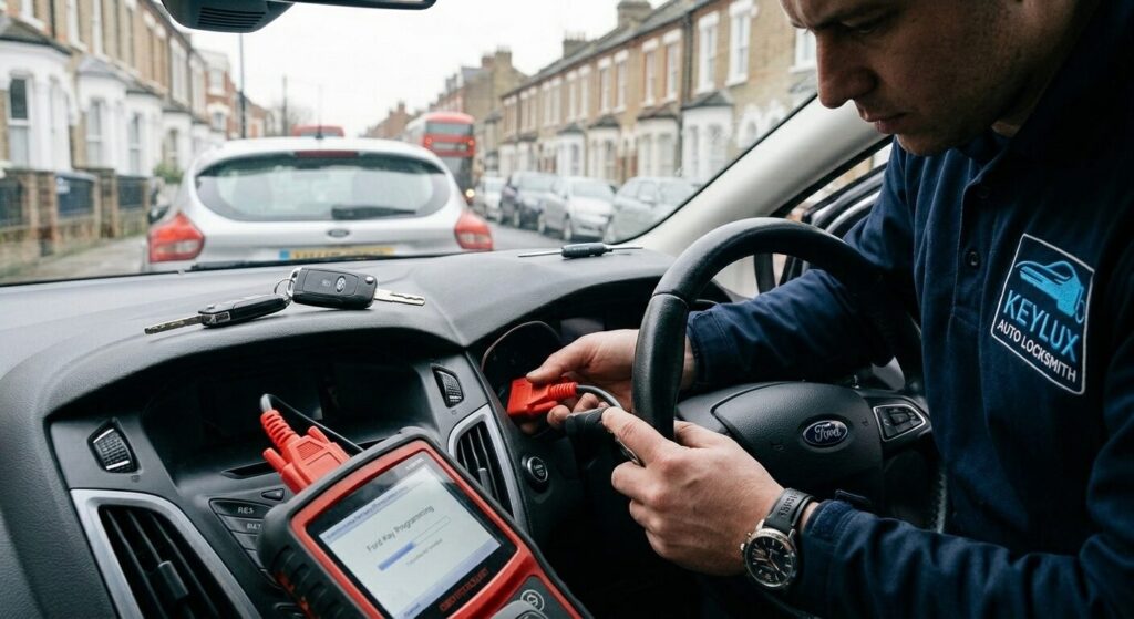 Ford key programming London – Keylux auto locksmith programming a Ford key on-site using OBD diagnostic equipment