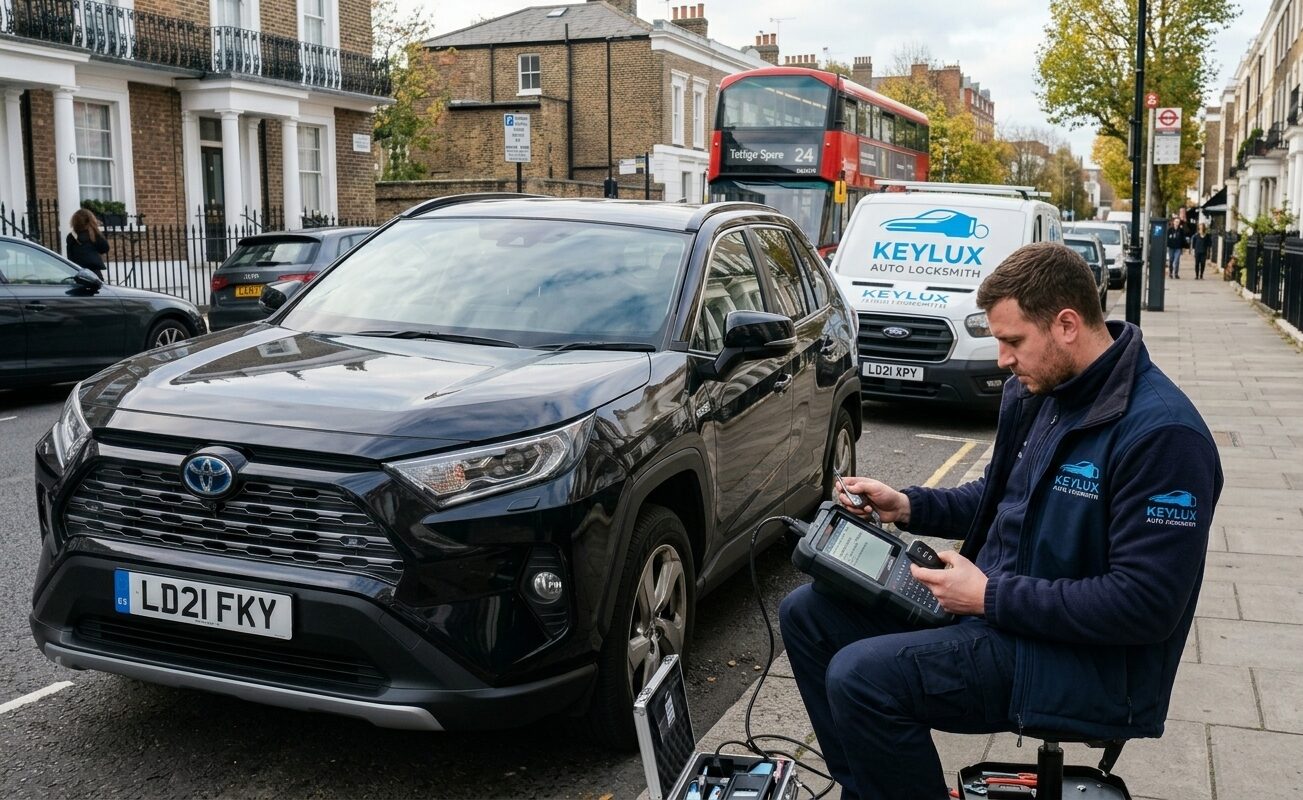 Keylux mobile auto locksmith programming a replacement Toyota car key in London