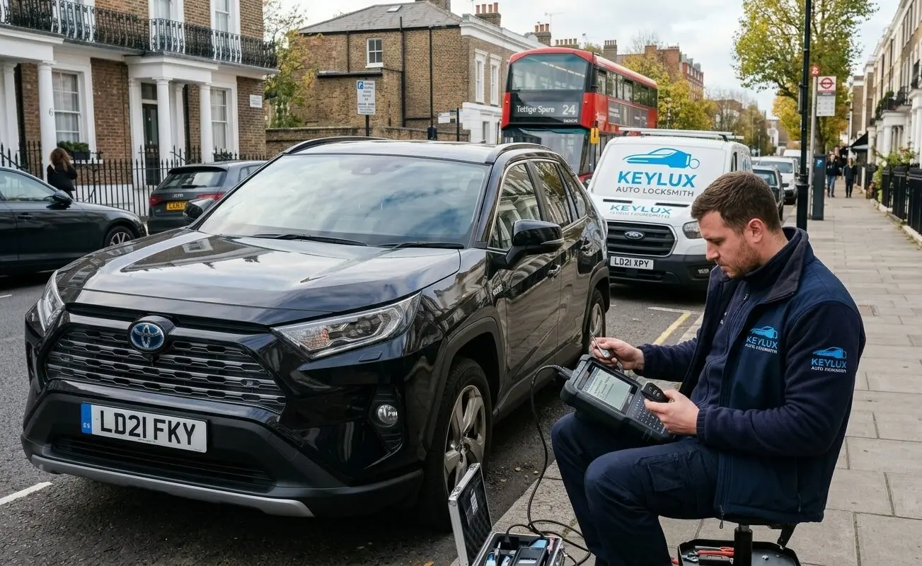 Keylux mobile auto locksmith programming a replacement Toyota car key in London