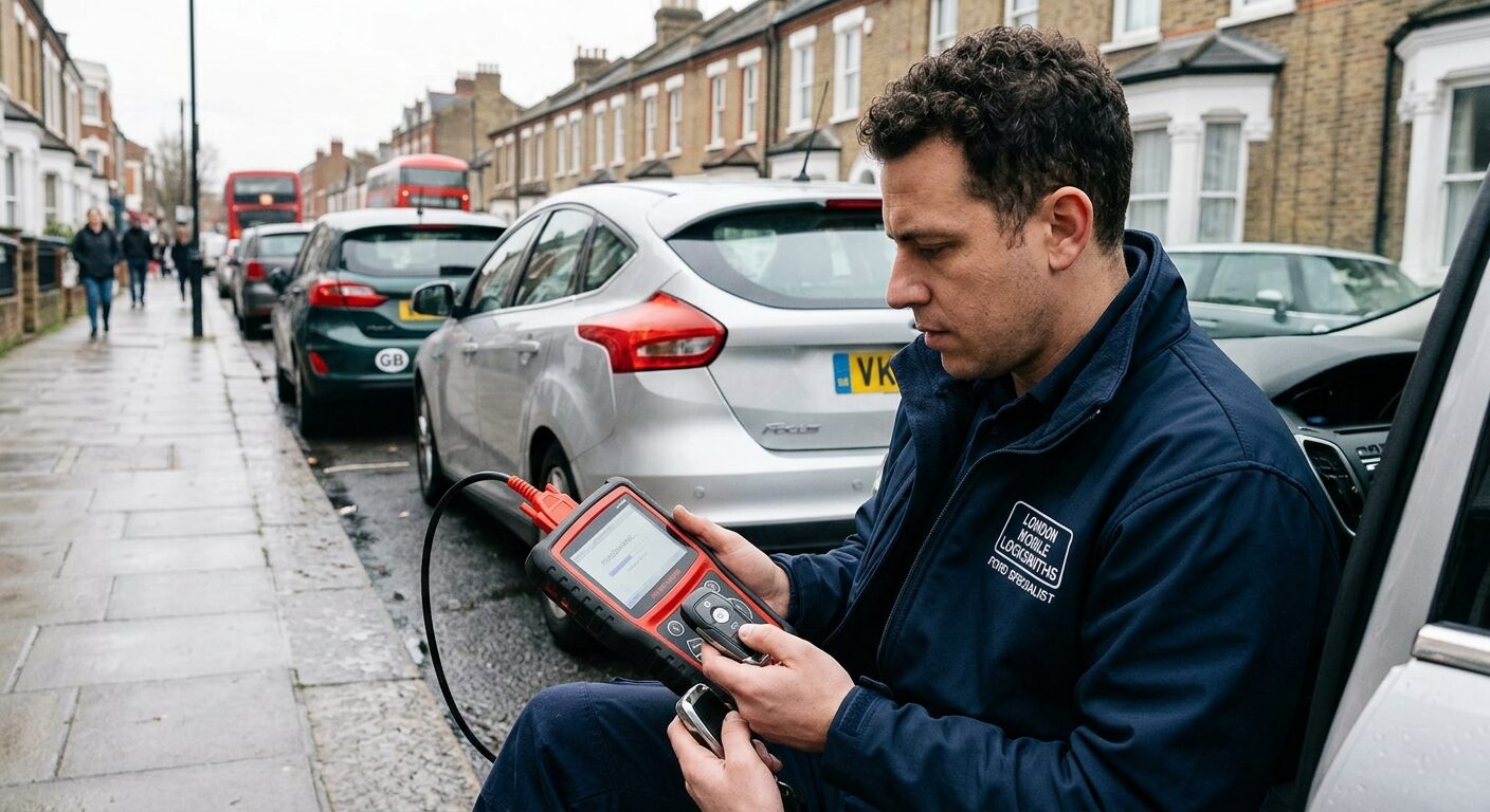 Lost Ford car key replacement London – Keylux mobile locksmith programming a new Ford key on-site