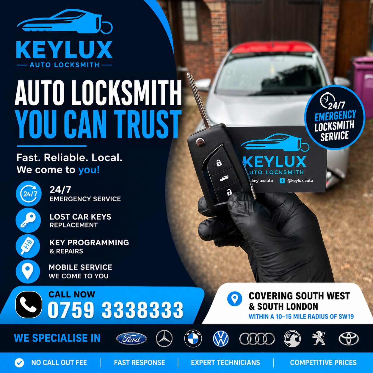 Mobile auto locksmith checking a smart car key and vehicle immobiliser in London