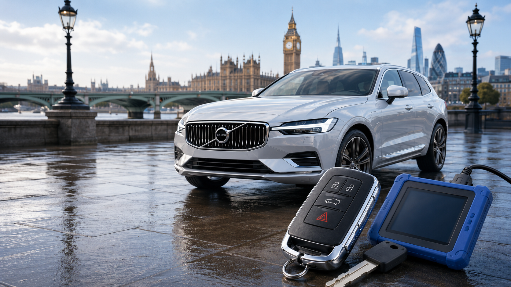 Mobile locksmith programming a Volvo car key in London